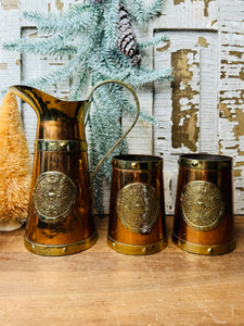 VINTAGE COPPER AND BRASS AZTEC CALENDAR CUPS AND PITCHER SET