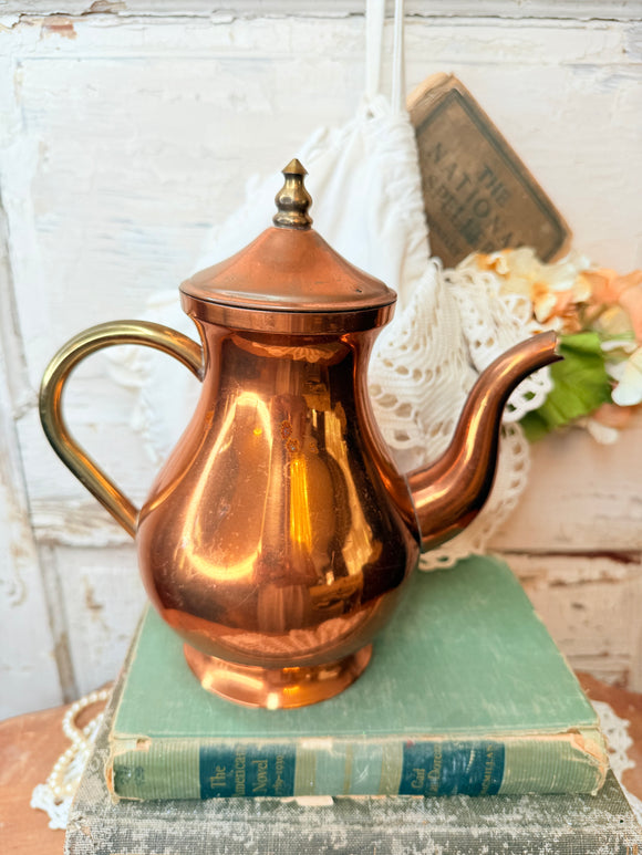 COPPER AND BRASS ORNATE ANTIQUE TEAPOT PITCHER