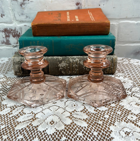 PAIR OF VINTAGE PINK DEPRESSION GLASS CANDLEHOLDERS