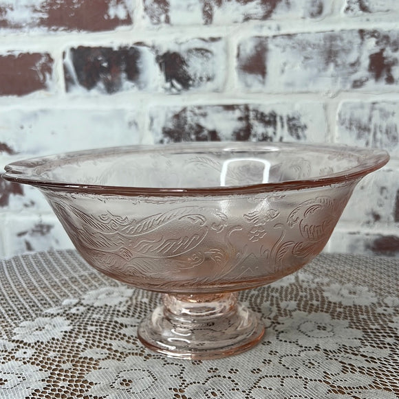 GORGEOUS PINK DEPRESSION GLASS ETCHED LARGE COMPOTE