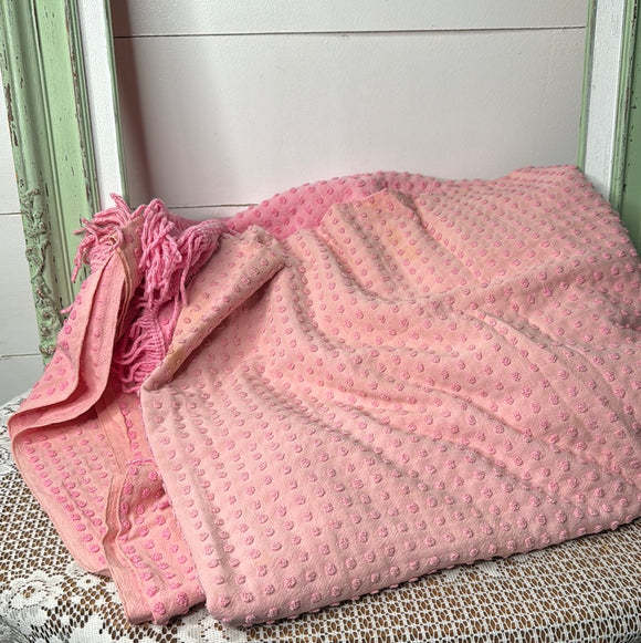 ANTIQUE POPCORN CHENILLE WITH FRINGE PINK BLANKET - 2 AVAILABLE