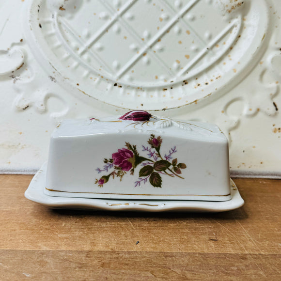 VINTAGE FLORAL BUTTER DISH AND LID