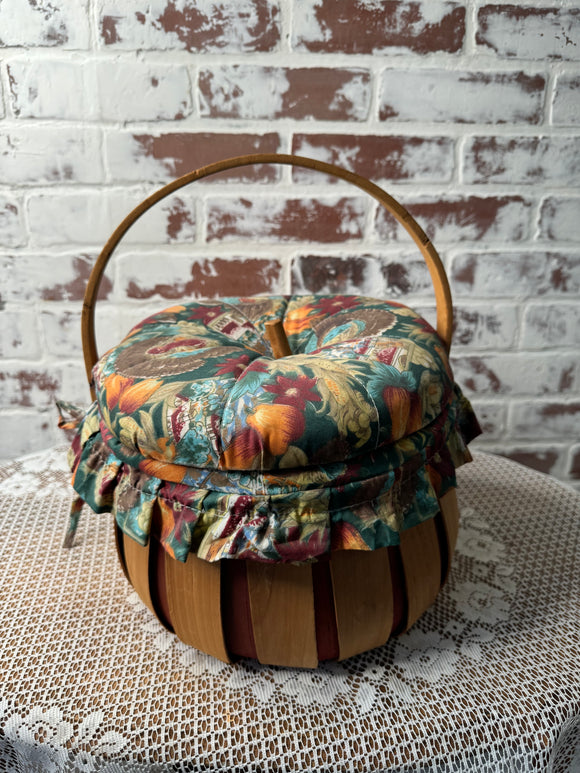 PUMPKIN SHAPED VINTAGE FABRIC BARREL BASKET