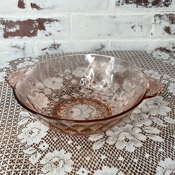 PINK DEPRESSION GLASS LARGE BOWL WITH HANDLES