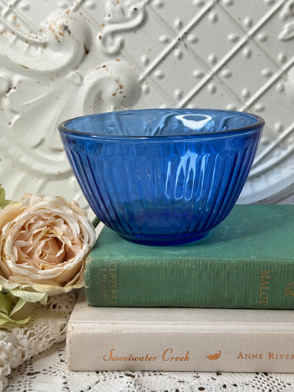 VINTAGE BLUE GLASS RIBBED BOWL - 2 AVAILABLE