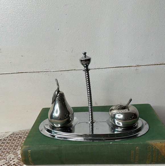 PEAR AND APPLE SILVER SALT AND PEPPER SHAKERS WITH PLATE