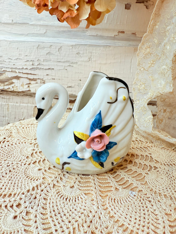 Ornate vintage swan 3-D rose napkin holder planter ￼