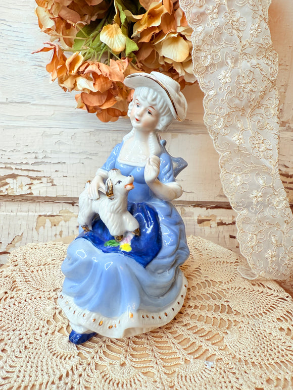 VINTAGE BLUE DRESS VICTORIAN LADY FIGURINE WITH PUPPY DOG