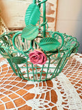 VINTAGE GREEN AND FLORAL ROSE BASKET