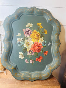 Ornate blue floral XL tole tray vintage