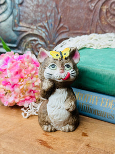 HANDPAINTED VINTAGE CERAMIC VINTAGE CAT AND BUTTERFLY BELL