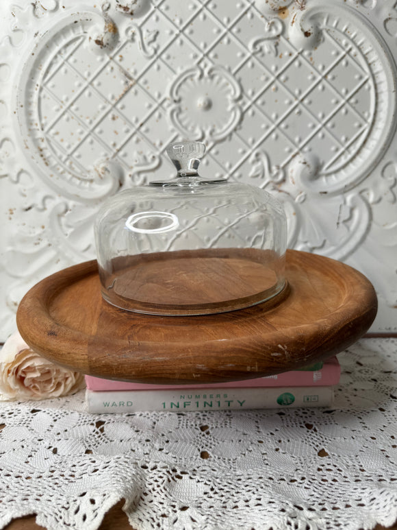 VINTAGE WOOD AND GLASS CHEESE AND CRACKER PLATE AND CLOCHE