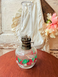 VINTAGE STRAWBERRY GLASS OIL HURRICANE LAMP