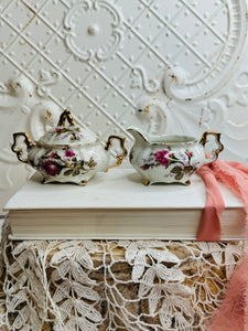 ORNATE FLORAL VINTAGE SUGAR BOWL AND CREAMER SET