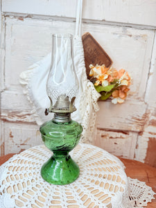 1930S VINTAGE GREEN GLASS OIL LAMP