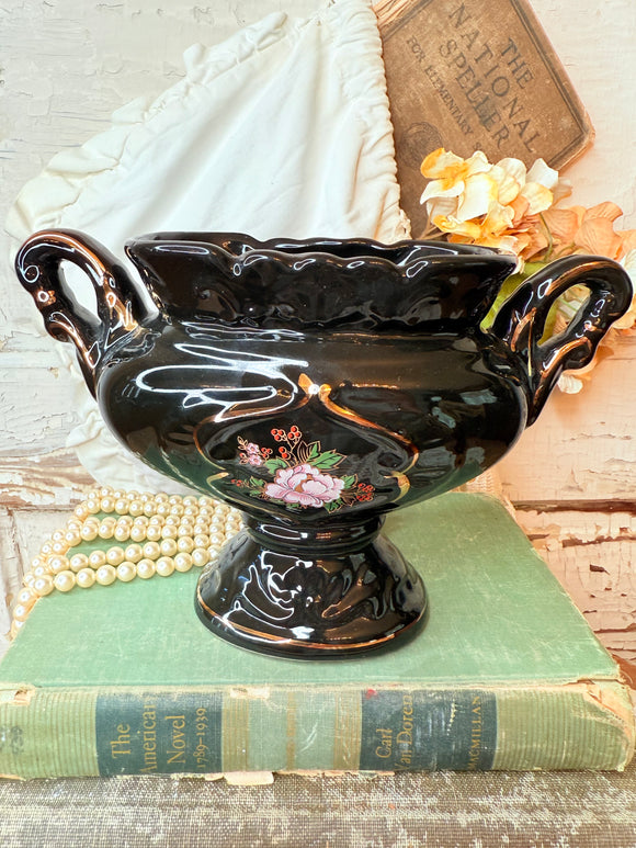 VINTAGE AMAZING FLORAL SHINY SCALLOPED VASE WITH HANDLES ON PEDESTAL