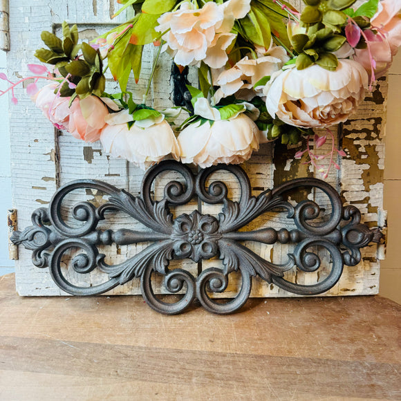 CAST IRON SCROLLY VINTAGE PEDIMENT WALL DECOR