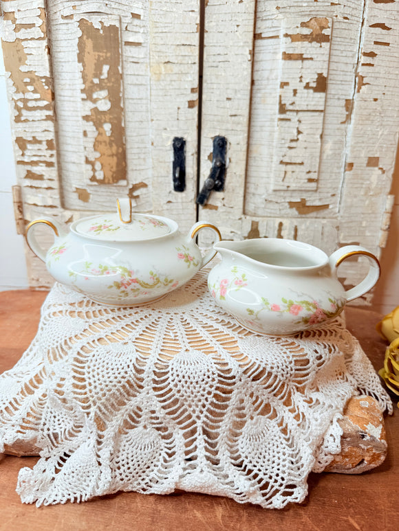 LIMOGES FRANCE HAVILAND PINK AND GREEN SUGAR AND CREAMER