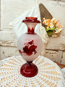 VINTAGE BOHEMIAN FROSTED WITH RUBY RED VASE