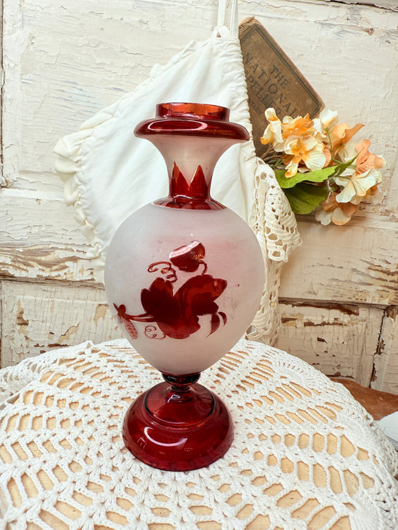 VINTAGE BOHEMIAN FROSTED WITH RUBY RED VASE