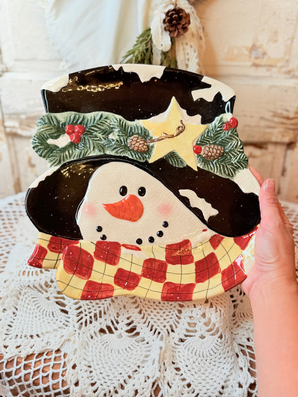 XL VINTAGE SNOWMAN PRIMITIVE STYLE PLATTER SERVING PLATE