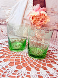 VINTAGE PAIR OF GREEN FLORAL MID CENTURY ROCKS GLASSES
