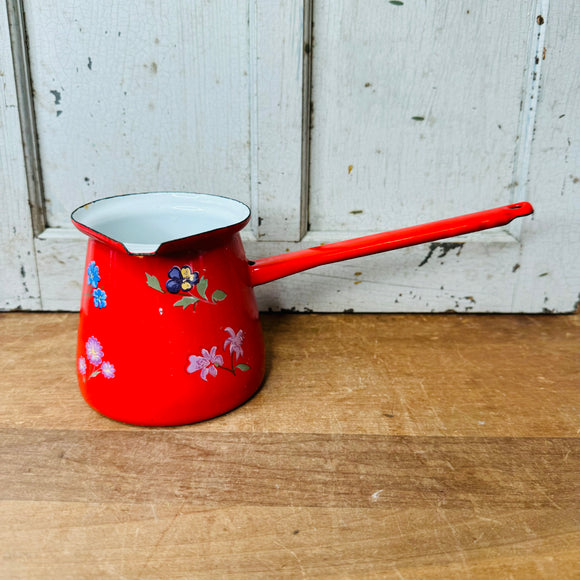 RED AND FLORAL VINTAGE ENAMEL TURKISH COFFEE POT