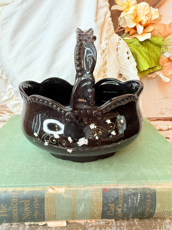 VINTAGE SCALLOPED BLACK GLASS  DETAILED BASKET