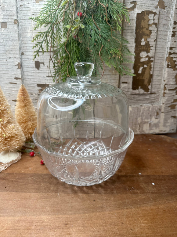 VINTAGE GLASS BOWL AND RARE RIBBED CLOCHE TOPPER