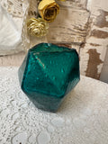 VINTAGE TURQUOISE BUBBLE GLASS ORNATE VASE