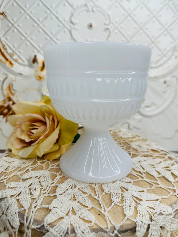 MILK GLASS DETAILED CANDY DISH ON PEDESTAL VINTAGE