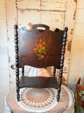 VINTAGE AMAZING DARK WOOD PAINTED FLORAL MAGAZINE HOLDER