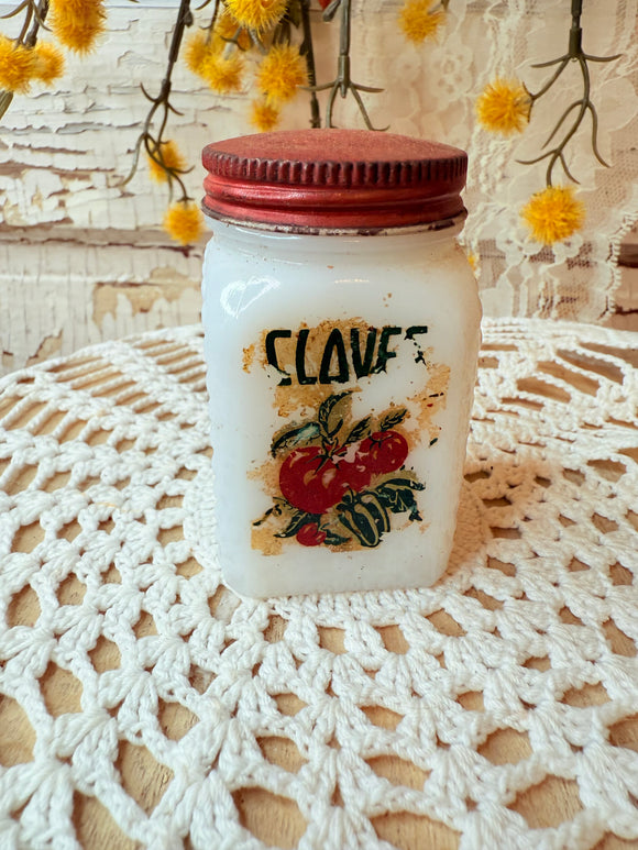 VINTAGE MILK GLASS CLOVES RED LID JAR