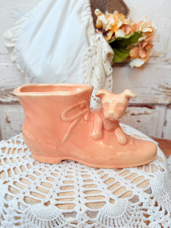 VINTAGE SHAWNEE POTTERY DOG ON SHOE PLANTER