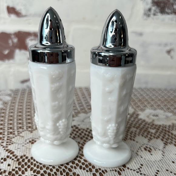 MILK GLASS GRAPE MOTIF ORNATE SALT AND PEPPER SHAKERS