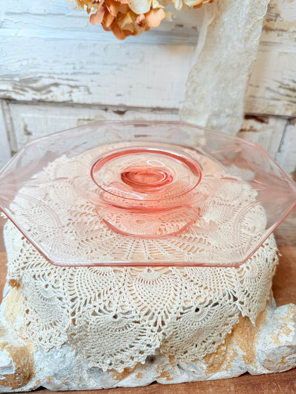 PINK ETCHED DEEP GLASS CAKE PLATE