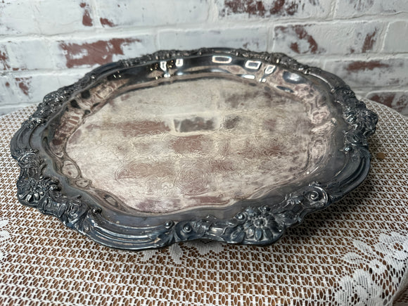 ORNATE FLORAL ETCHED SILVER TRAY ON FEET