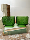 VINTAGE GREEN GLASS GRAPE MOTIF SCALLOPED COMPOTE - 2 AVAILABLE