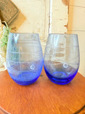 SET OF VINTAGE BLUE GLASS ETCHED CUPS #2