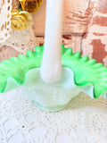 VINTAGE RARE FENTON SEA GREEN WITH WHITE BEADED OVERLAY BASKET