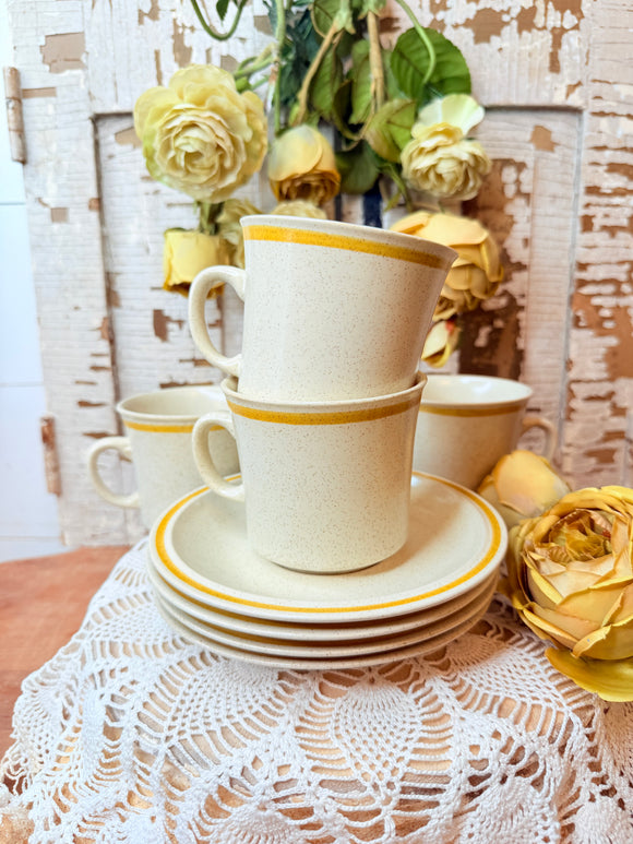 SET OF 2 GARDEN FESTIVAL STONEWARE TEACUPS AND SAUCERS - 2 SETS AVAILABLE