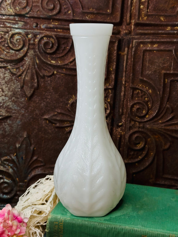 MILK GLASS ORNATE LEAF VINTAGE VASE