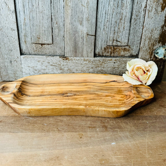 OLIVE WOOD HAND CARVED SNACK SALAD TRAY WITH HANDLES