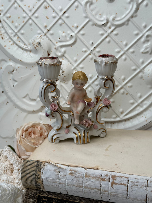 PASTEL DETAILED VINTAGE FLORAL CHERUB CANDLESTICK HOLDER #2