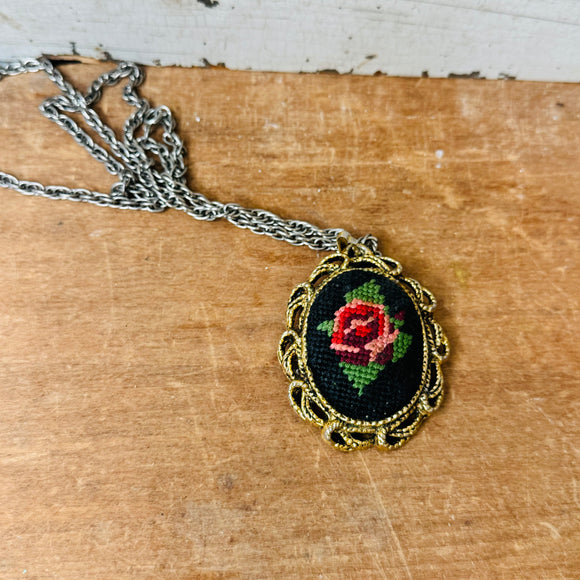 RARE VINTAGE LARGE NEEDLE POINT PENANT AND NECKLACE