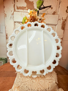 GORGEOUS MILK GLASS EYELET DIVIDED PLATE
