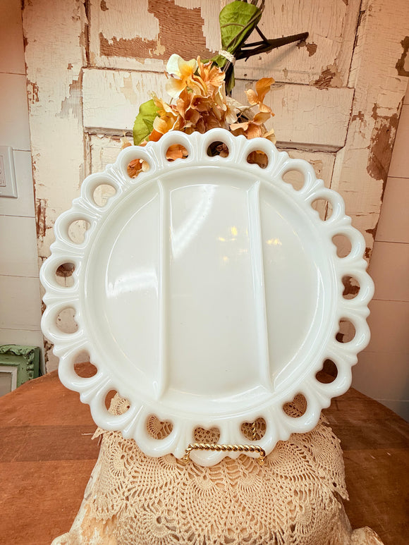 GORGEOUS MILK GLASS EYELET DIVIDED PLATE
