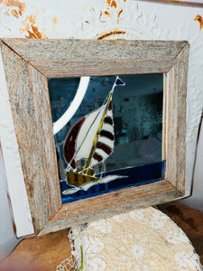 STAINED GLASS BOAT IN COASTAL WOOD MIRROR VINTAGE