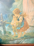 VINTAGE WOOD FRAMED “ANGEL WATCHING OVER CHILDREN” ART WORK