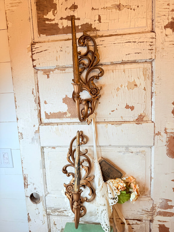 Vintage pair of gold SYROCO SCROLLY sconces with candle ￼